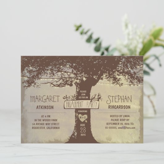 Rustikaler Baum- und Streichlichtbindungsparty Einladung (Stehend Vorderseite)