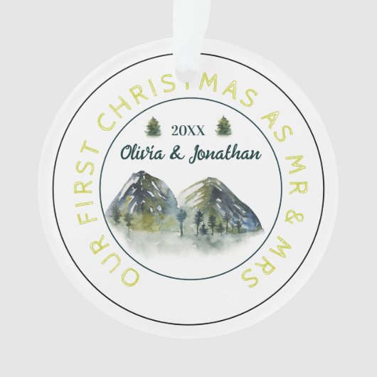 Rustikaler Bergbaum erste Weihnachten als Mr. & Mr Ornament (Vorderseite)