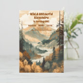 Rustikaler Bergwald Evergreen 1. Geburtstag Einladung (Stehend Vorderseite)