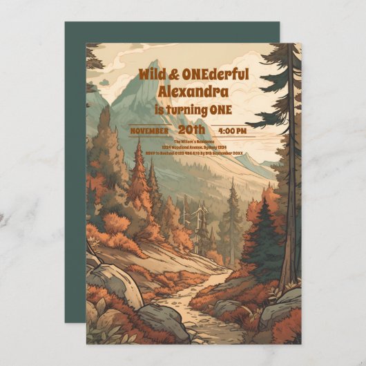 Rustikaler Bergwald Evergreen 1. Geburtstag Einladung (Vorne/Hinten)