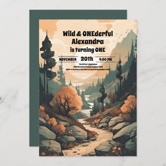 Rustikaler Bergwald Evergreen 1. Geburtstag Einladung (Vorne/Hinten)