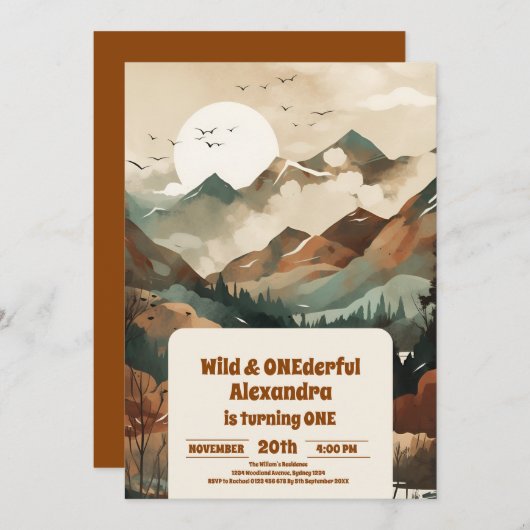 Rustikaler Bergwald Evergreen 1. Geburtstag Einladung (Vorne/Hinten)