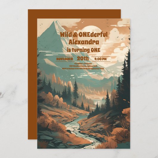 Rustikaler Bergwald Evergreen 1. Geburtstag Einladung (Vorne/Hinten)