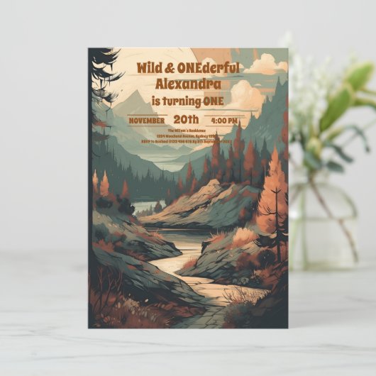 Rustikaler Bergwald Evergreen 1. Geburtstag Einladung (Stehend Vorderseite)
