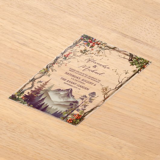 Rustikaler Bergwald Evergreen Tree Wedding Acryleinladungen (Ablage )
