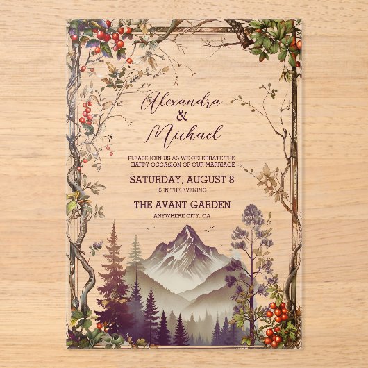 Rustikaler Bergwald Evergreen Tree Wedding Acryleinladungen (Vorderseite)