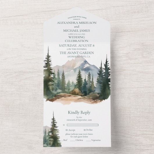 Rustikaler Bergwald Evergreen Tree Wedding All In One Einladung (Innen Boden)