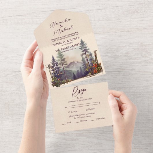 Rustikaler Bergwald Evergreen Tree Wedding All In One Einladung (Abreißen)