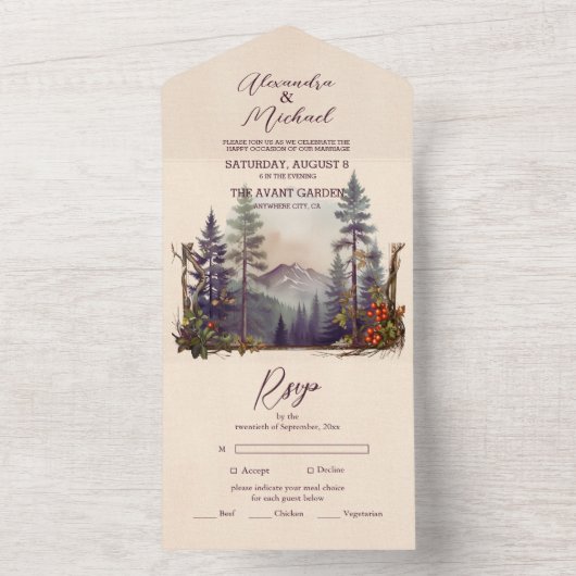 Rustikaler Bergwald Evergreen Tree Wedding All In One Einladung (Innen Boden)