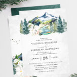 Rustikaler Bergwald Evergreen Tree Wedding Einladung<br><div class="desc">Das Design besticht durch einen eleganten Blick auf das Gebirge, ein charmantes Kanu am Ufer des Flusses und einen hübschen Blumenstrauß mit modernen, eleganten Schriftart. Diese Designs können für Ihren besondere Anlass personalisiert sein und wären perfekt für Ihre Hochzeit, Brautparty, Verlobungsfeier, Geburtstagsparty und viele weitere besondere Anlässe. Fügen Sie diesem...</div>