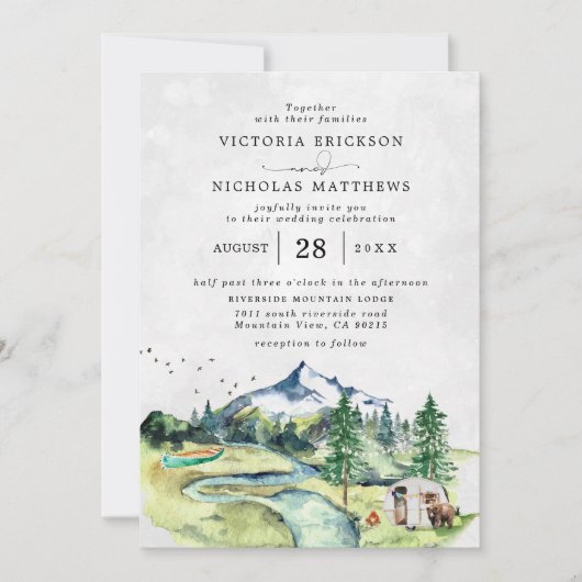 Rustikaler Bergwald Evergreen Tree Wedding Einladung (Vorderseite)