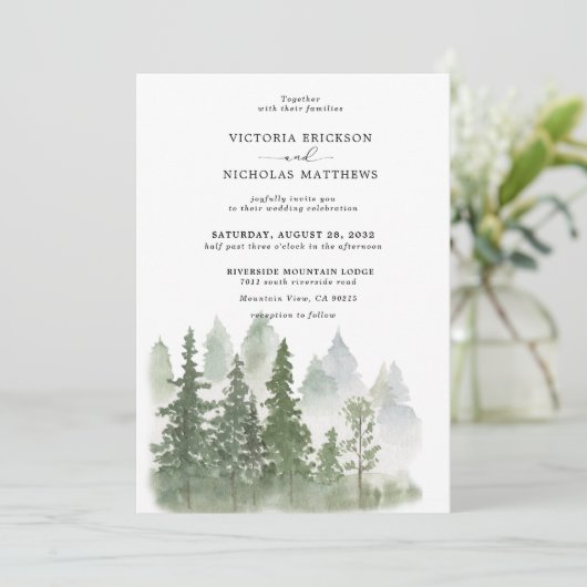 Rustikaler Bergwald Evergreen Tree Wedding Invi Einladung (Stehend Vorderseite)