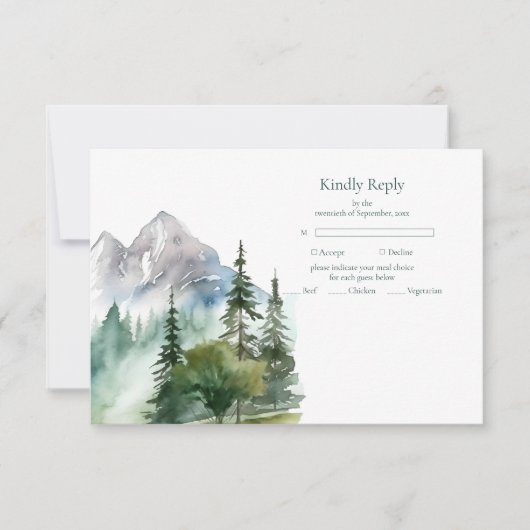 Rustikaler Bergwald Evergreen Tree Wedding RSVP Karte (Vorderseite)
