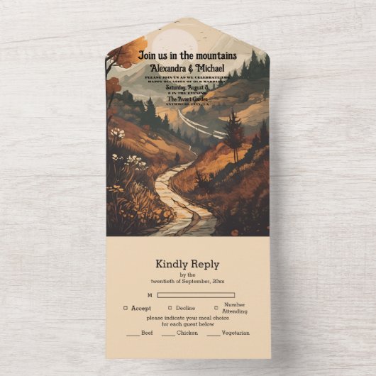 Rustikaler Bergwald Evergreen Wedding All In One Einladung (Innen Boden)