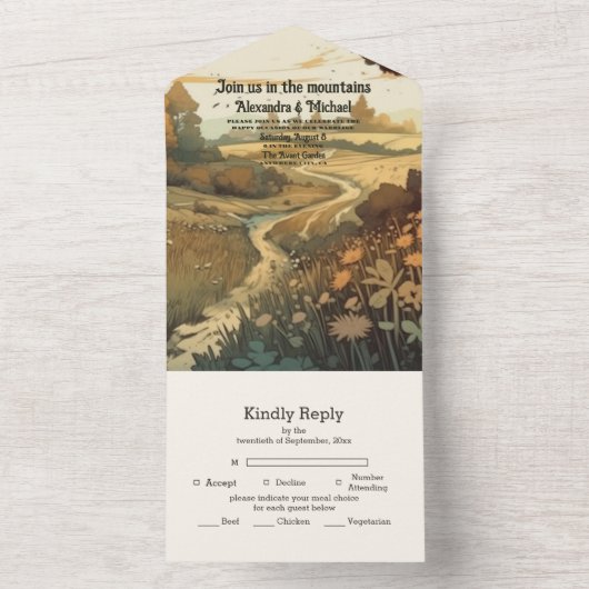 Rustikaler Bergwald Evergreen Wedding All In One Einladung (Innen Boden)