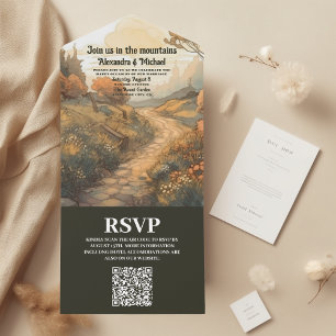 Rustikaler Bergwald Evergreen Wedding QR Code All In One Einladung