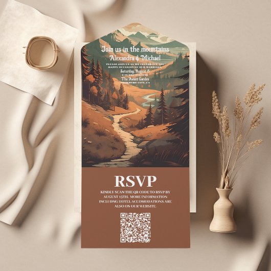 Rustikaler Bergwald Evergreen Wedding QR Code All In One Einladung