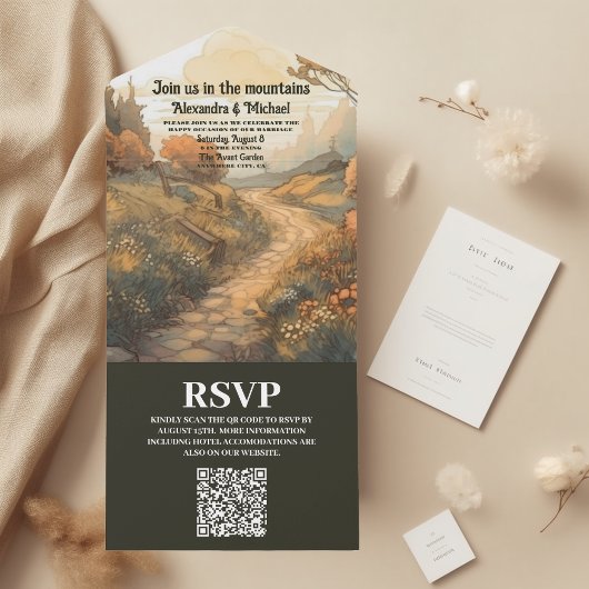 Rustikaler Bergwald Evergreen Wedding QR Code All In One Einladung