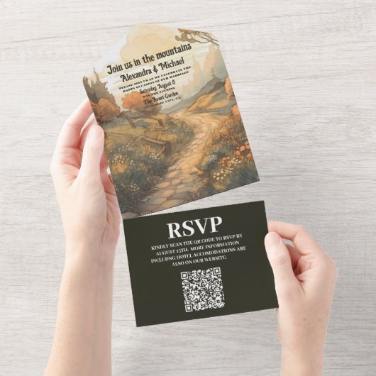 Rustikaler Bergwald Evergreen Wedding QR Code All In One Einladung (Abreißen)
