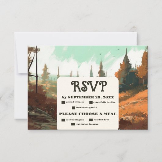 Rustikaler Bergwald Evergreen Wedding RSVP Karte (Vorderseite)