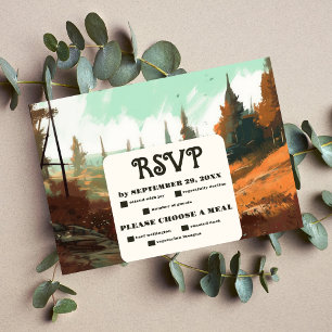Rustikaler Bergwald Evergreen Wedding RSVP Karte