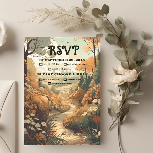 Rustikaler Bergwald Evergreen Wedding RSVP Karte