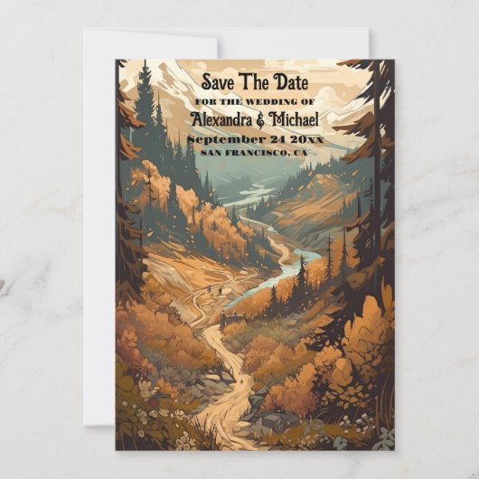 Rustikaler Bergwald Evergreen Wedding Save The Date (Vorderseite)