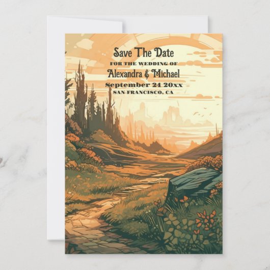 Rustikaler Bergwald Evergreen Wedding Save The Date (Vorderseite)