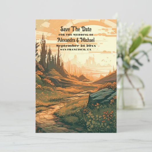 Rustikaler Bergwald Evergreen Wedding Save The Date (Stehend Vorderseite)