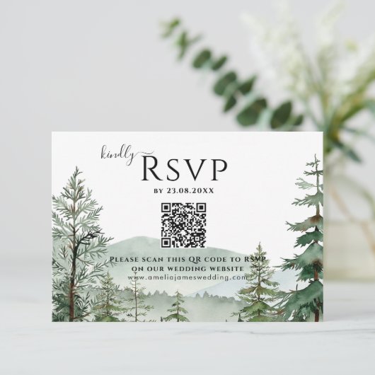 Rustikaler Bergwald Hochzeit QR-Code RSVP Karte (Stehend Vorderseite)