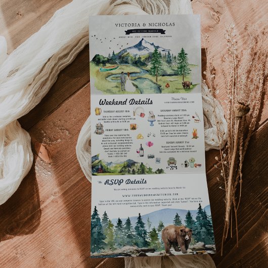 Rustikaler Bergwald | Illustrierte Hochzeit Dreifach Gefaltete Einladung