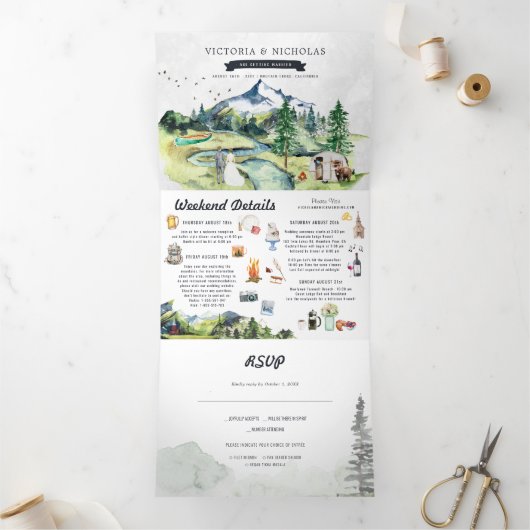 Rustikaler Bergwald | Illustrierte Hochzeit Dreifach Gefaltete Einladung (Innenseite)