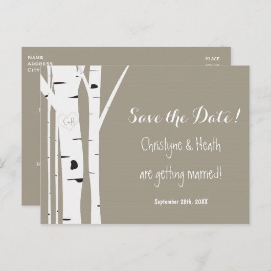 Rustikaler Birkenbaum Carved Herz Rett Datum Postk Ankündigungspostkarte (Vorne/Hinten)