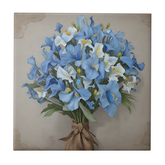 Rustikaler Blaue Iris Blumenstrauß Fliese (Vorderseite)