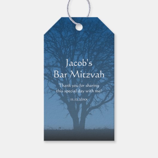 Rustikaler Blauer Baum Bar Mitzvah Geschenkanhänger (Vorderseite)