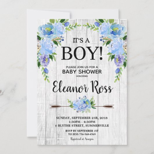 Rustikaler blauer Blumenbaby-Duschen-Blumen-Junge Einladung (Vorderseite)