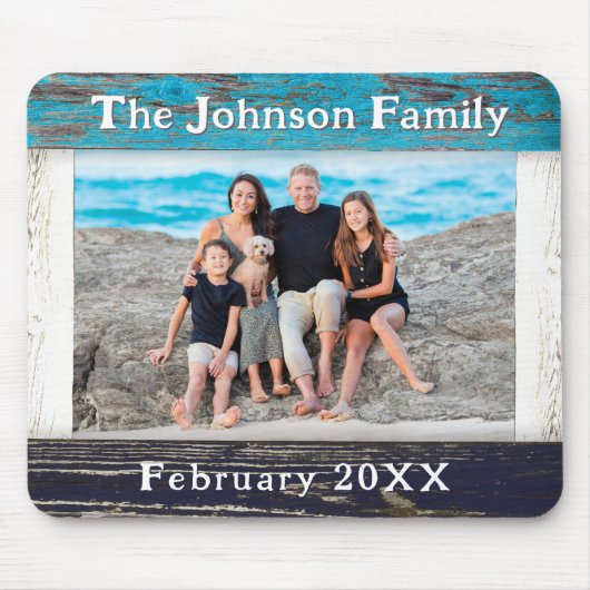 Rustikaler blauer Holzrahmen Familienname Foto Mousepad (Vorne)