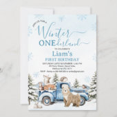 Rustikaler blauer LKW-Bär-Winter-Onederland-Geburt Einladung (Vorderseite)