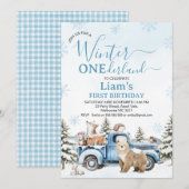 Rustikaler blauer LKW-Bär-Winter-Onederland-Geburt Einladung (Vorne/Hinten)