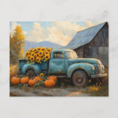 Rustikaler Blauer LKW mit Pumpkins und Sonnenblume Postkarte (Vorderseite)