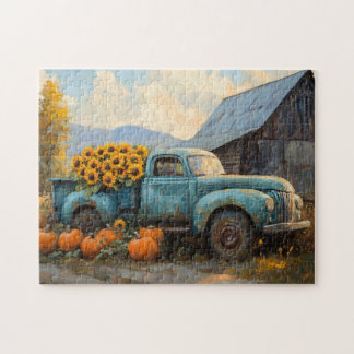 Rustikaler Blauer LKW mit Pumpkins und Sonnenblume Puzzle