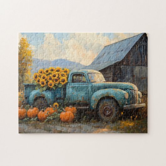 Rustikaler Blauer LKW mit Pumpkins und Sonnenblume Puzzle (Horizontal)