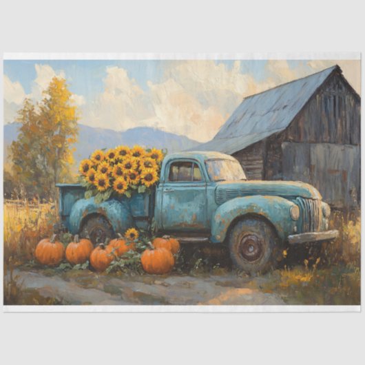 Rustikaler Blauer LKW mit Pumpkins und Sonnenblume Seidenpapier (Vorderseite)
