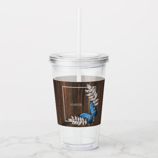 Rustikaler Blauer Schmetterling Personalisierter A Acryltrinkbecher (Vorderseite)