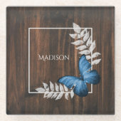 Rustikaler Blauer Schmetterling Personalisierter U Glasuntersetzer (Vorderseite)