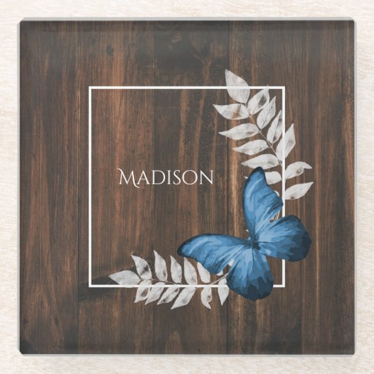 Rustikaler Blauer Schmetterling Personalisierter U Glasuntersetzer (Vorderseite)