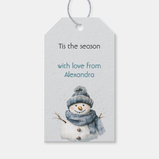Rustikaler blauer Schneemann Weihnachten Geschenkanhänger (Vorderseite)