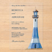 Rustikaler blauer Wasserfarben-Leuchtturm maritime Acryleinladungen (Vorderseite)