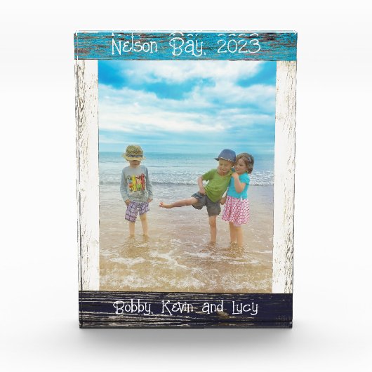 Rustikaler blauer weißer Strand Holz Text 5" x 7" Fotoblock (Vorderseite)