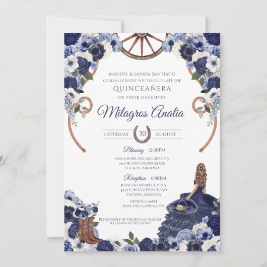Rustikaler Blauer Western Charro Quinceanera Einladung (Vorderseite)